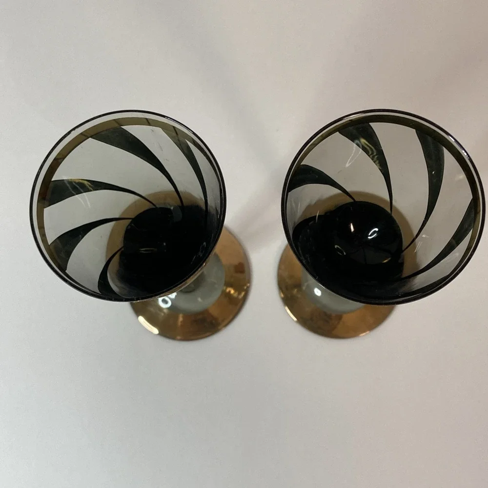Mid Century Modern Gold Tone & Smoked Glass Flute Glasses 5.75